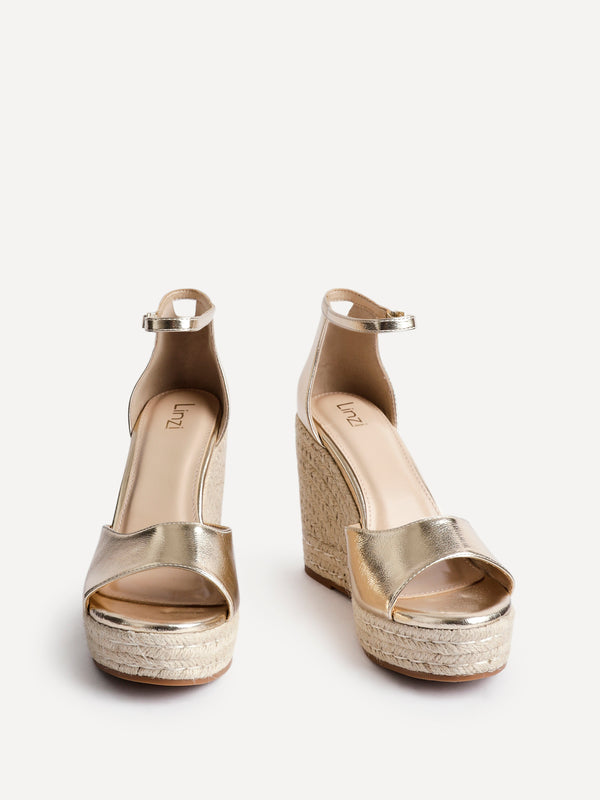 Linzi Gold Faux Leather Rope Platform Wedge With Wrap Around Ankle Strap