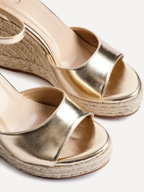 Linzi Gold Faux Leather Rope Platform Wedge With Wrap Around Ankle Strap
