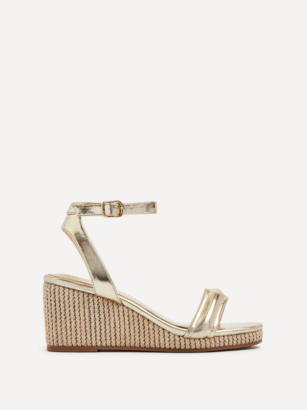 Linzi Gold Faux Leather Rope Wedge With Padded Front Strap