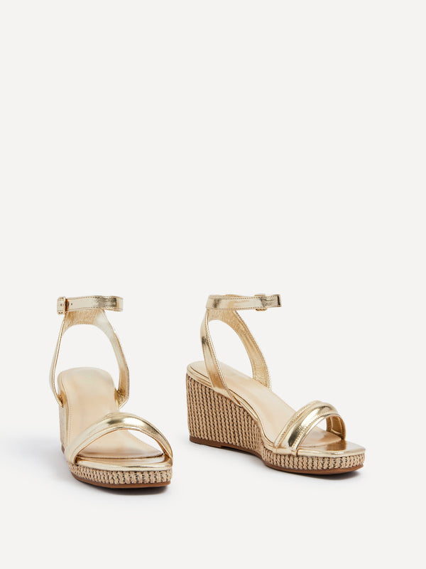 Linzi Gold Faux Leather Rope Wedge With Padded Front Strap