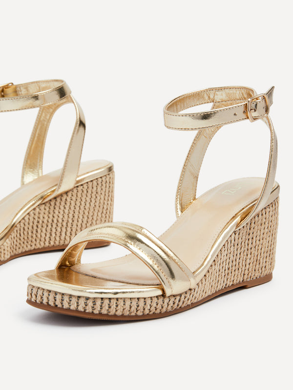 Linzi Gold Faux Leather Rope Wedge With Padded Front Strap