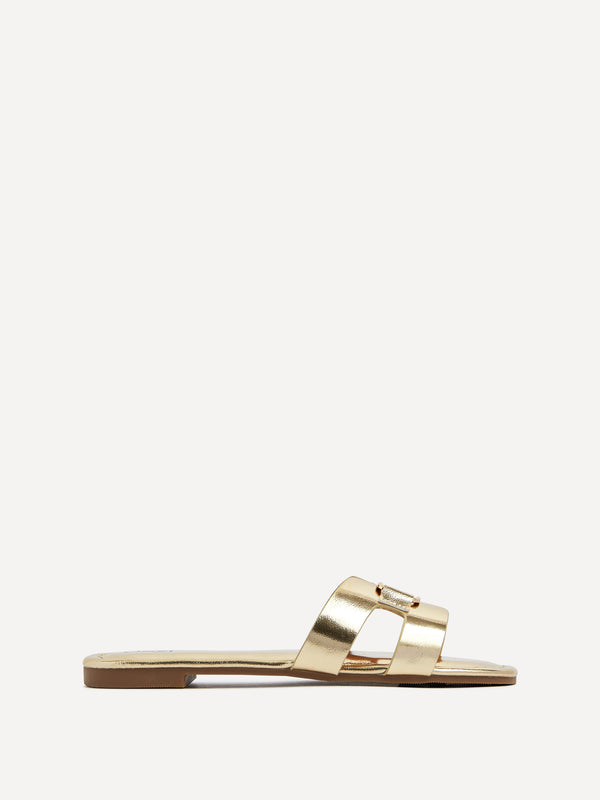 Linzi Gold Faux Leather Slider Sandal With Gold Buckle