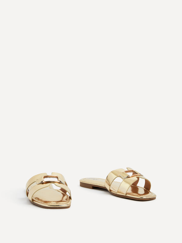 Linzi Gold Faux Leather Slider Sandal With Gold Buckle