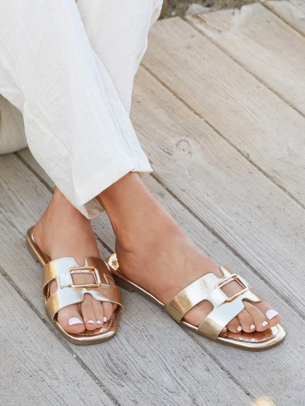 linzi Gold Faux Leather Slider Sandal With Gold Buckle