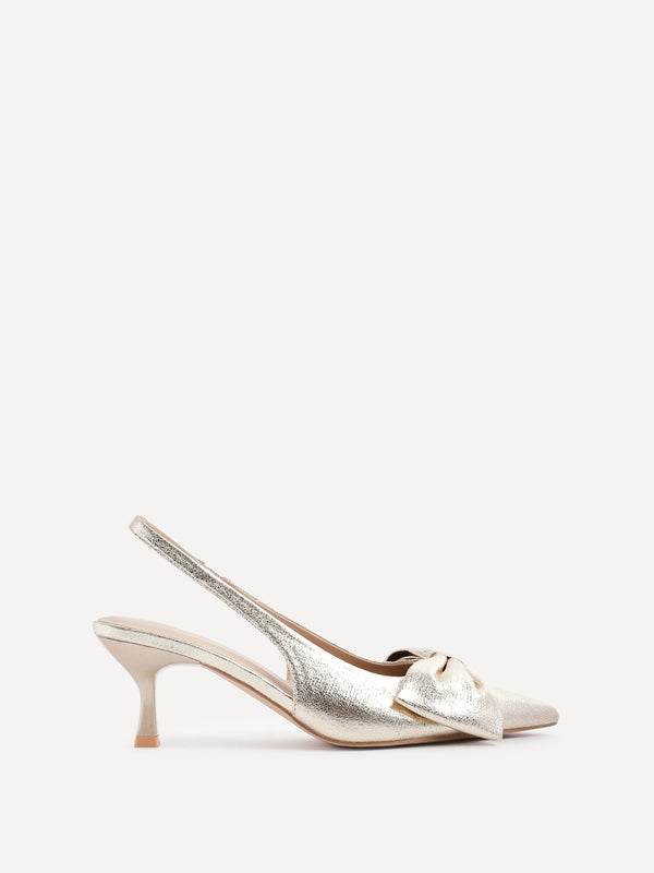 Linzi Gold Faux Leather Slingback Court Heels With Bow Detail