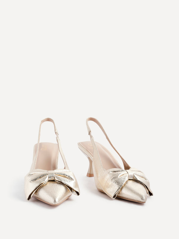 Linzi Gold Faux Leather Slingback Court Heels With Bow Detail