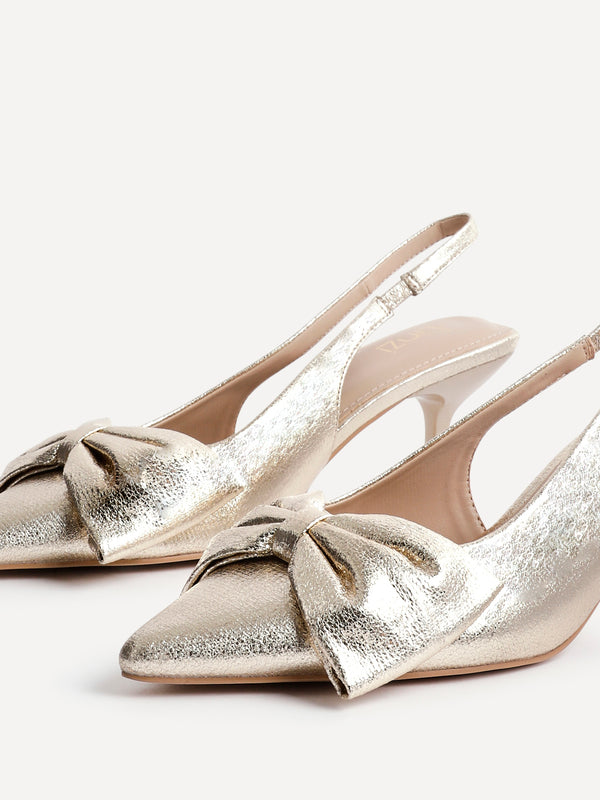 Linzi Gold Faux Leather Slingback Court Heels With Bow Detail