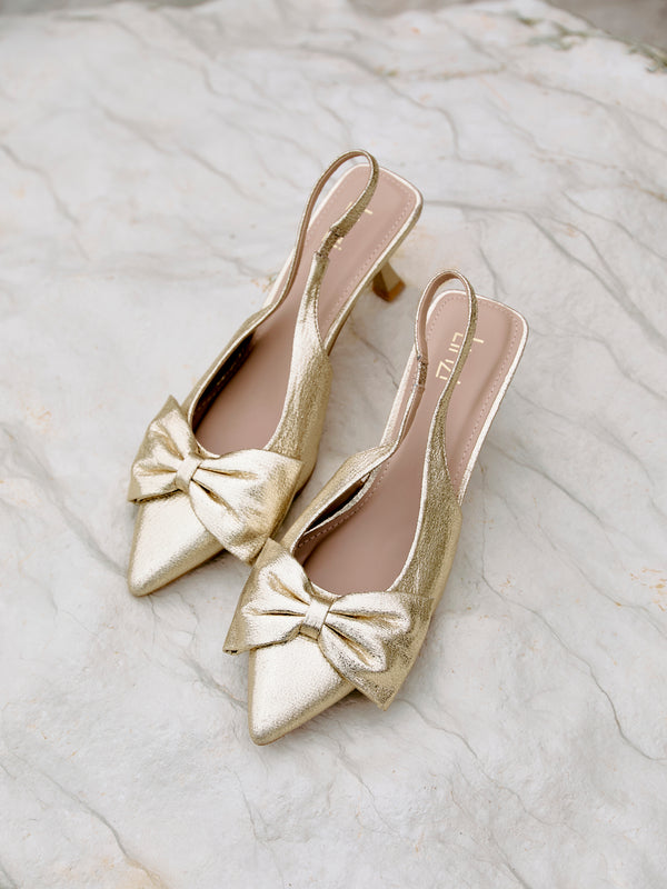 linzi Gold Faux Leather Slingback Court Heels With Bow Detail