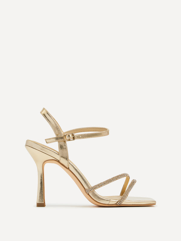 Linzi Gold Faux Leather Square Toe Diamonte Embellished Heel