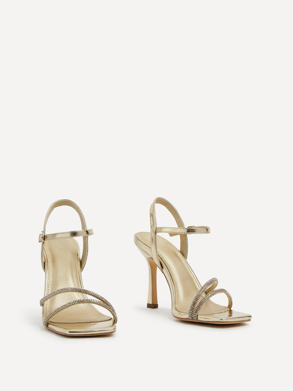 Linzi Gold Faux Leather Square Toe Diamonte Embellished Heel