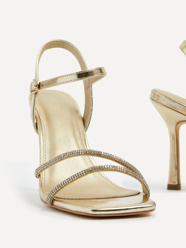 Linzi Gold Faux Leather Square Toe Diamonte Embellished Heel