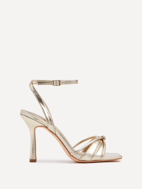Linzi Gold Faux Leather Square Toe Heeled Sandal With Knotted Front Detail