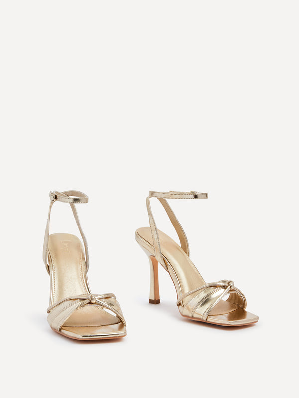 Linzi Gold Faux Leather Square Toe Heeled Sandal With Knotted Front Detail