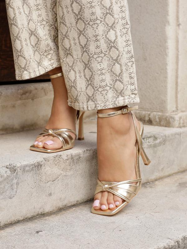 linzi Gold Faux Leather Square Toe Heeled Sandal With Knotted Front Detail
