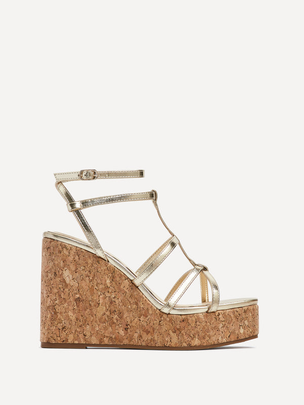 Linzi Gold Faux Leather Square Toe Strappy Cork Wedge