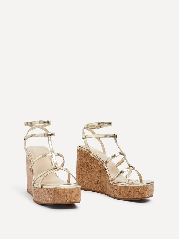 Linzi Gold Faux Leather Square Toe Strappy Cork Wedge