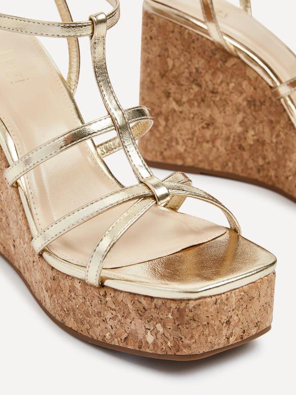 Linzi Gold Faux Leather Square Toe Strappy Cork Wedge