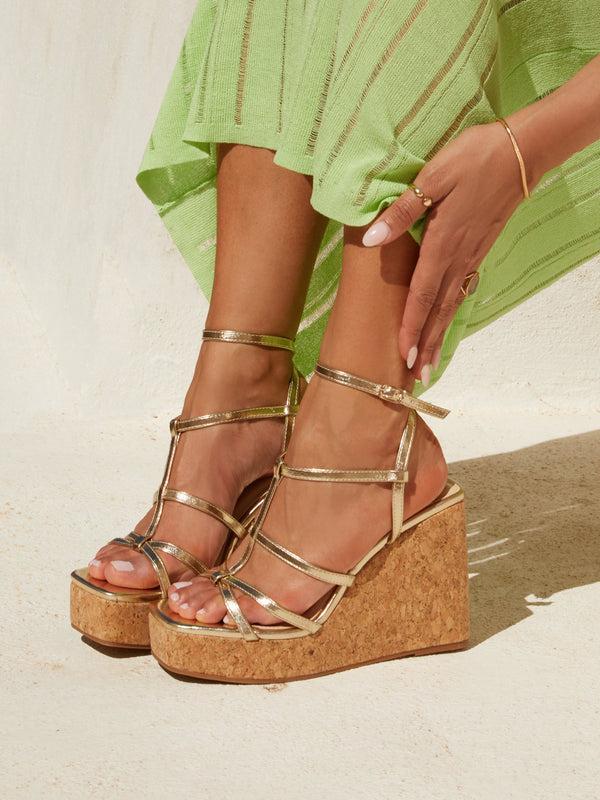 linzi Gold Faux Leather Square Toe Strappy Cork Wedge