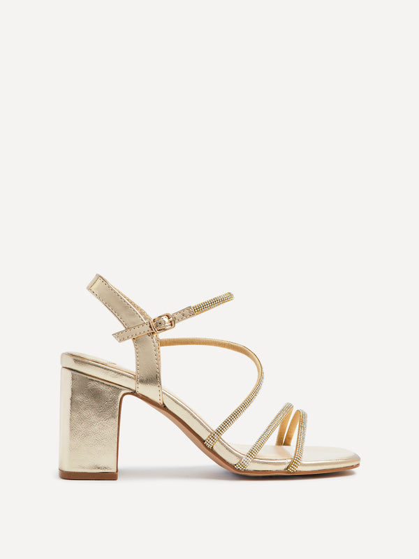 Linzi Gold Faux Leather Strappy Diamante Block Heel