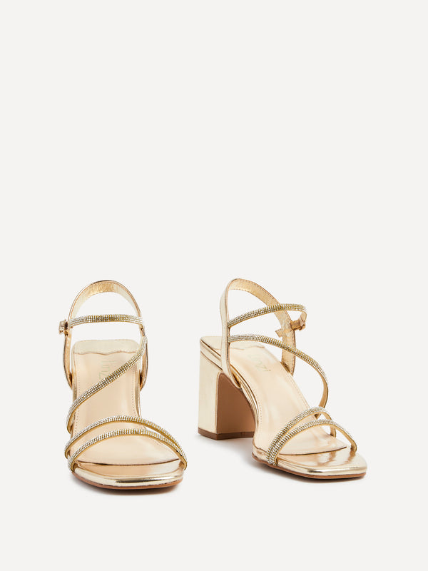 Linzi Gold Faux Leather Strappy Diamante Block Heel