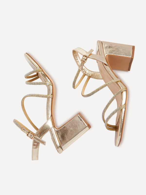 Linzi Gold Faux Leather Strappy Diamante Block Heel