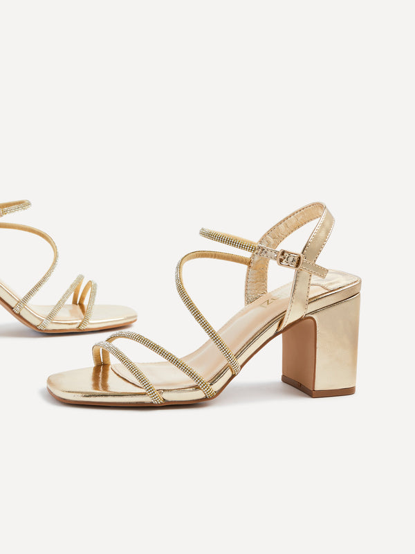linzi Gold Faux Leather Strappy Diamante Block Heel