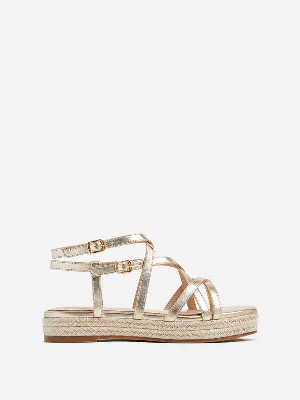 Linzi Gold Faux Leather Strappy Flatform Sandal With Rope Sole