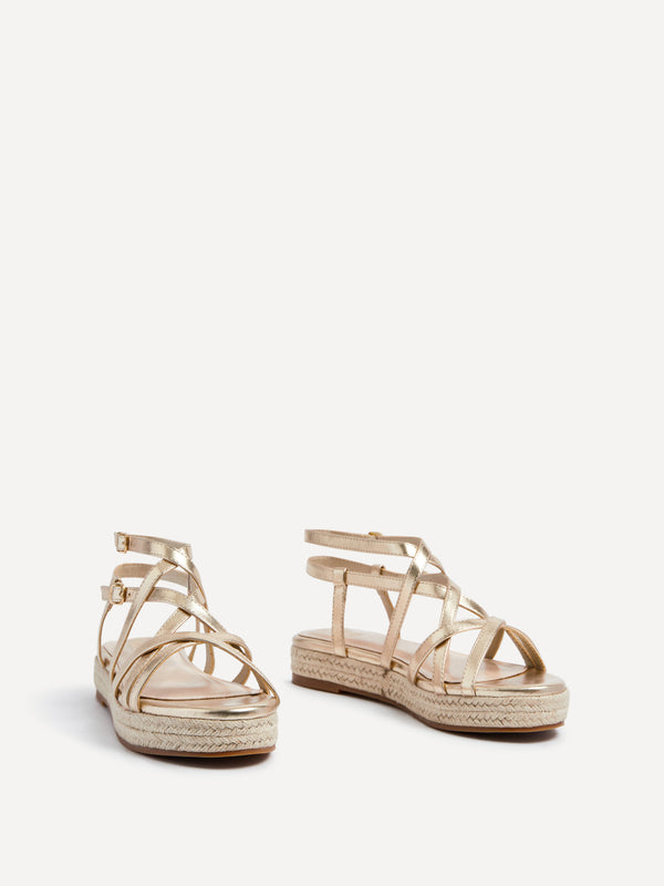 Linzi Gold Faux Leather Strappy Flatform Sandal With Rope Sole
