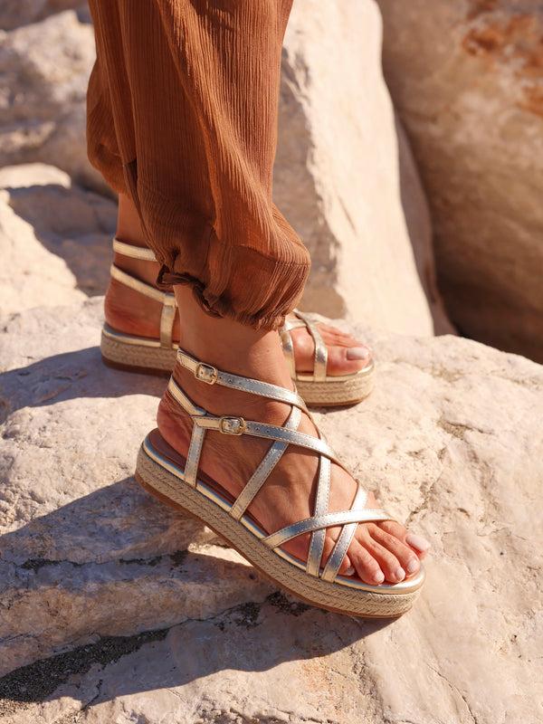 linzi Gold Faux Leather Strappy Flatform Sandal With Rope Sole