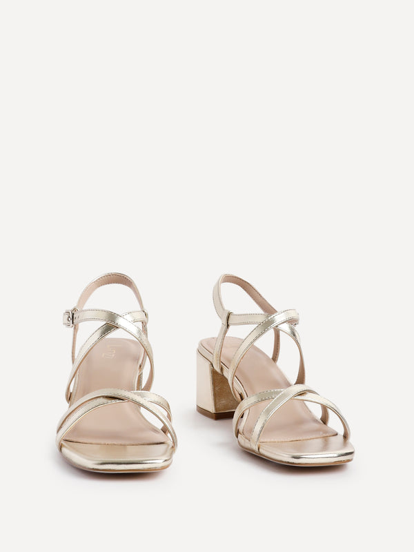 Linzi Gold Faux Leather Strappy Low Block Heeled Sandals