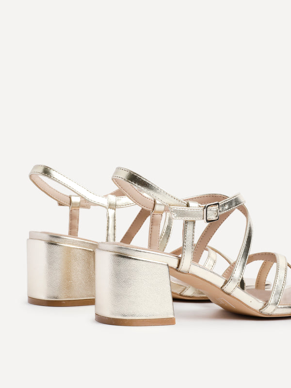 Linzi Gold Faux Leather Strappy Low Block Heeled Sandals