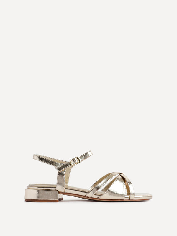 Linzi Gold Faux Leather Strappy Low Block Heeled Sandals