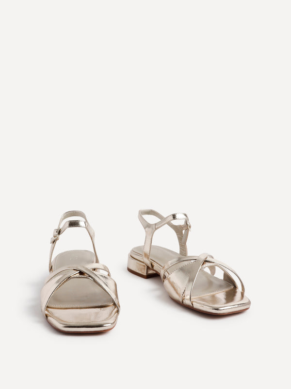 Linzi Gold Faux Leather Strappy Low Block Heeled Sandals