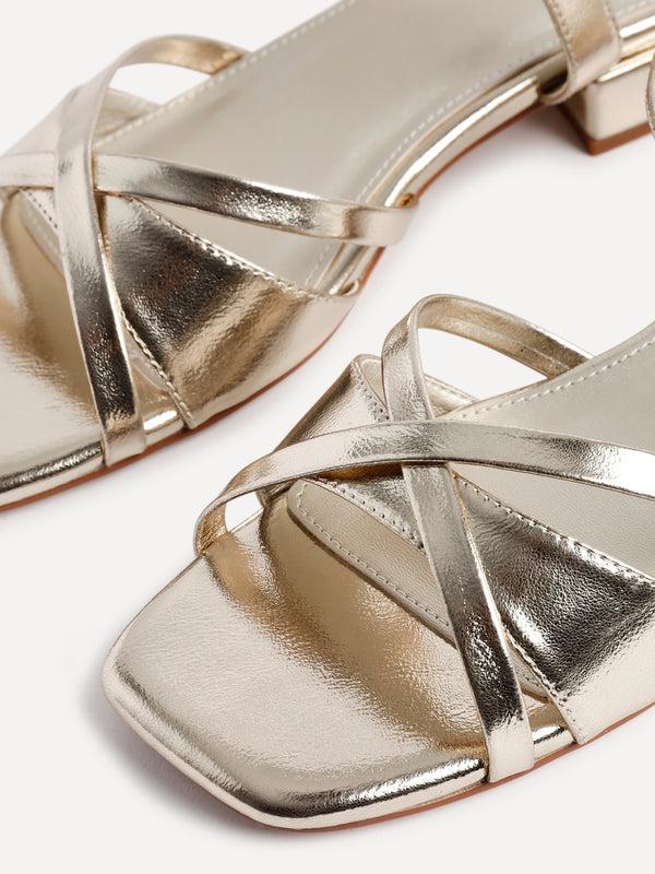 Linzi Gold Faux Leather Strappy Low Block Heeled Sandals