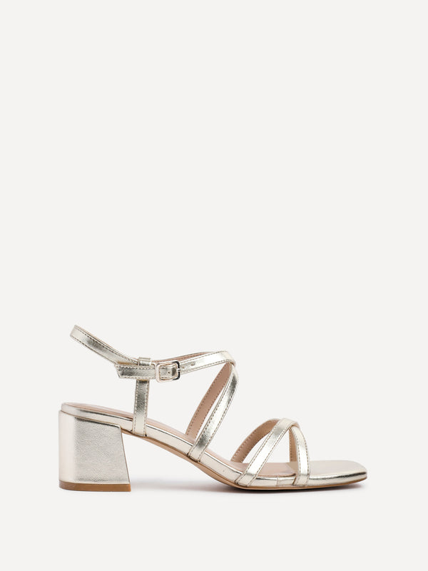 linzi Gold Faux Leather Strappy Low Block Heeled Sandals