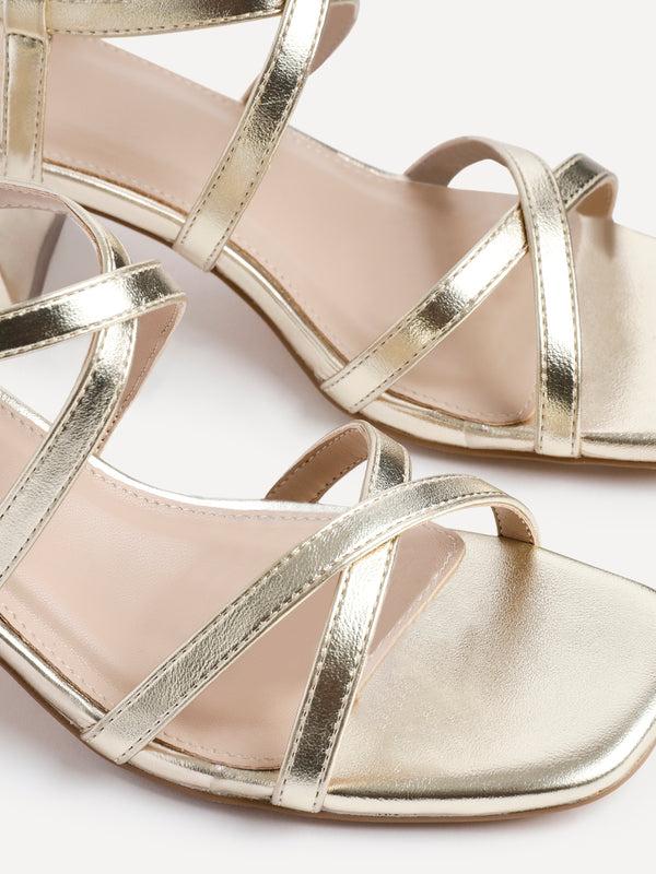 Linzi Gold Faux Leather Strappy Low Block Heeled Sandals