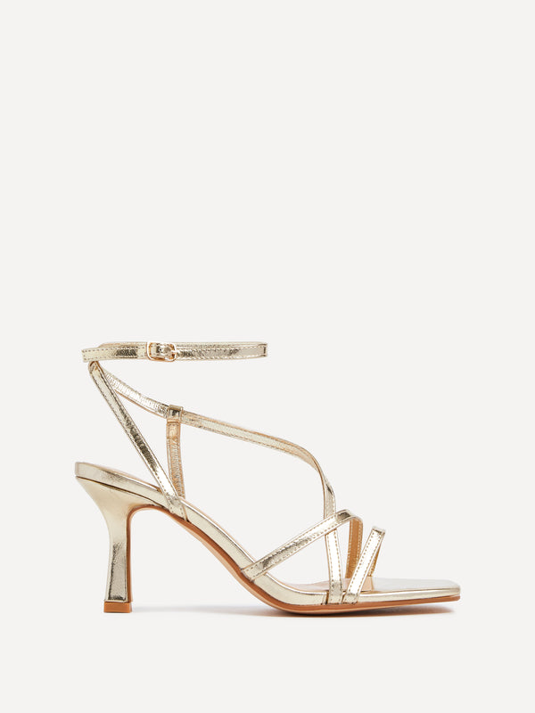Linzi Gold Faux Leather Strappy Square Toe Heeled Sandal