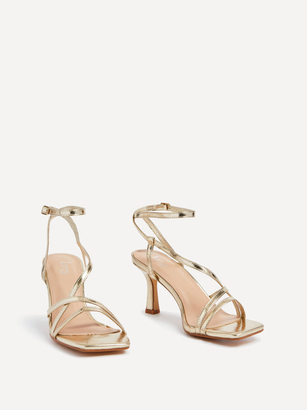 Linzi Gold Faux Leather Strappy Square Toe Heeled Sandal