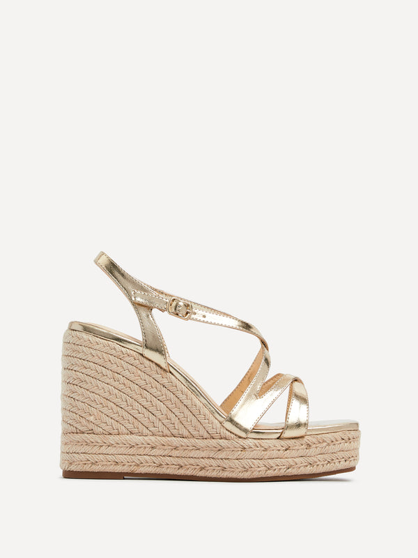 Linzi Gold Faux Leather Strappy Square Toe Rope Wedge