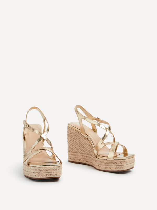 Linzi Gold Faux Leather Strappy Square Toe Rope Wedge