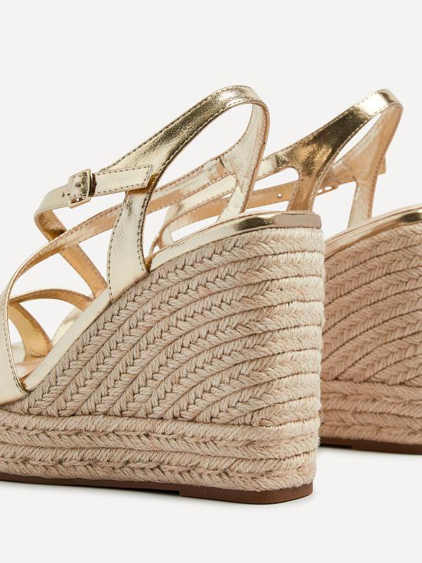 Linzi Gold Faux Leather Strappy Square Toe Rope Wedge