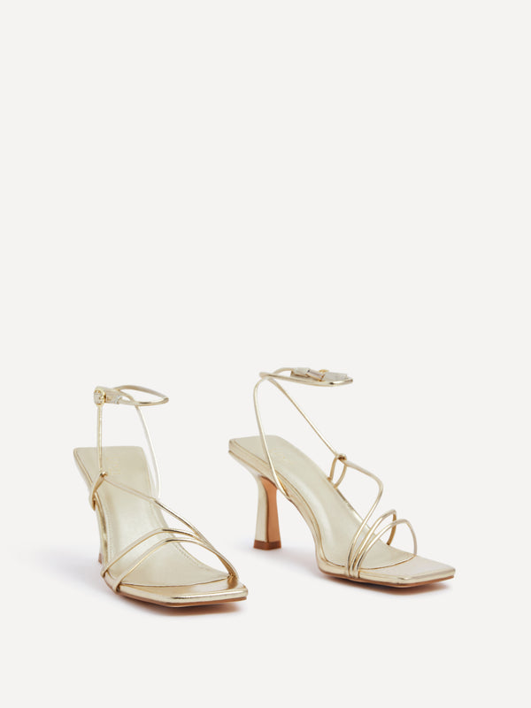 Linzi Gold Faux Leather Strappy Wrap Around Heeled Sandal