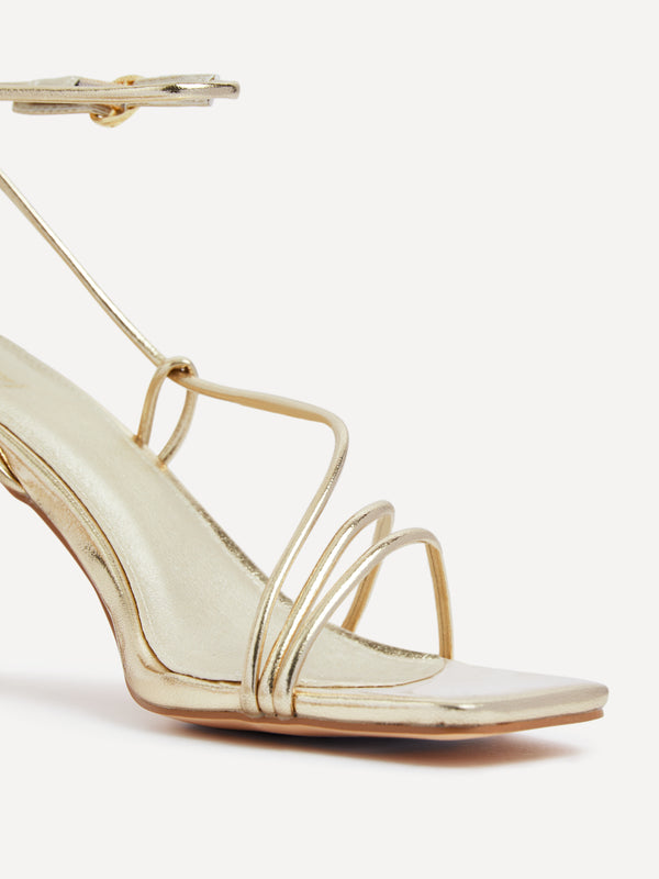 Linzi Gold Faux Leather Strappy Wrap Around Heeled Sandal