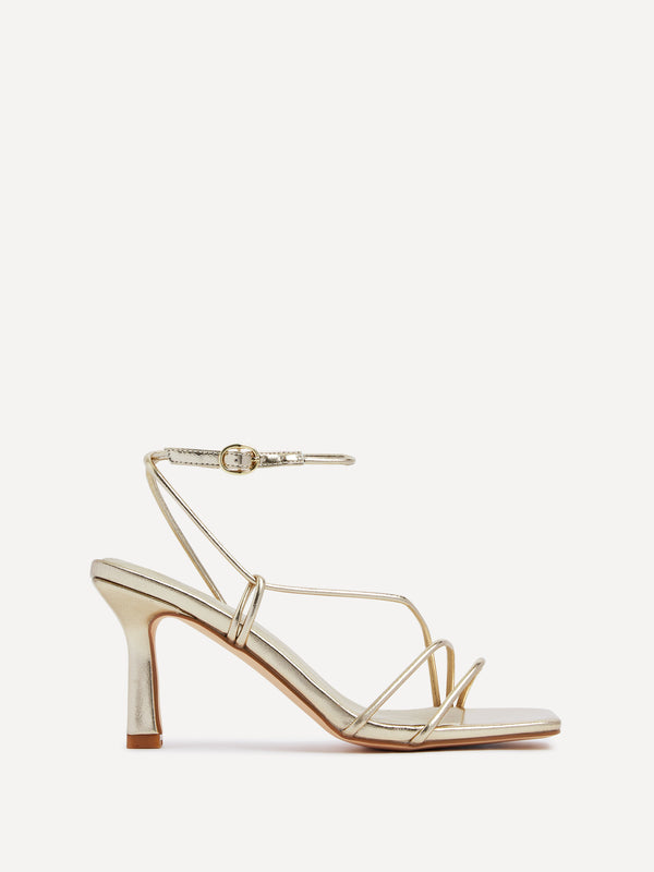 linzi Gold Faux Leather Strappy Wrap Around Heeled Sandal
