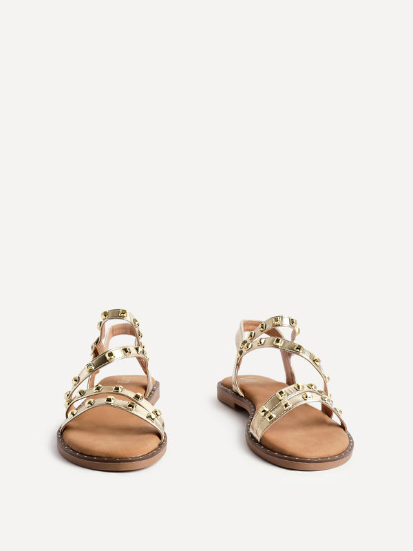 Linzi Gold Faux Leather Studded Gladiator Style Flat Sandal