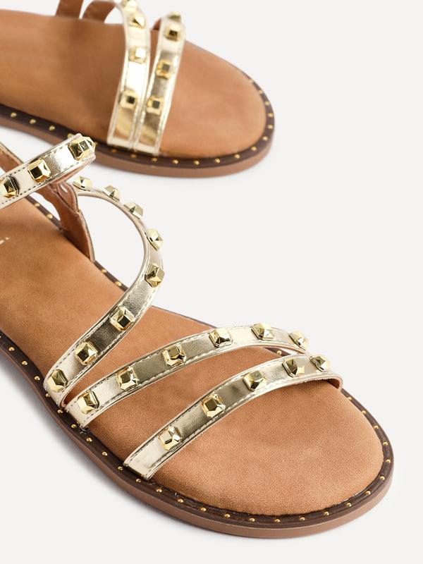 Linzi Gold Faux Leather Studded Gladiator Style Flat Sandal