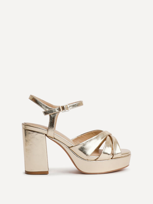 Linzi Gold Faux Leather Wide Fit Crossover Platform Heels
