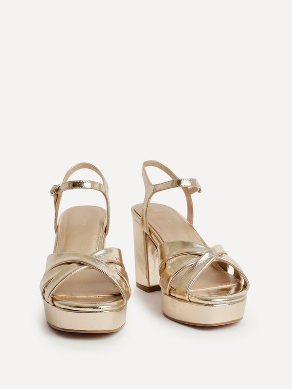 Linzi Gold Faux Leather Wide Fit Crossover Platform Heels