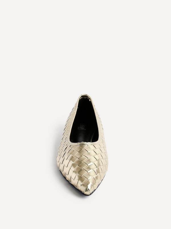 Linzi Gold Faux Leather Woven Pointed Toe Ballet Flats