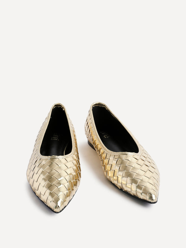Linzi Gold Faux Leather Woven Pointed Toe Ballet Flats